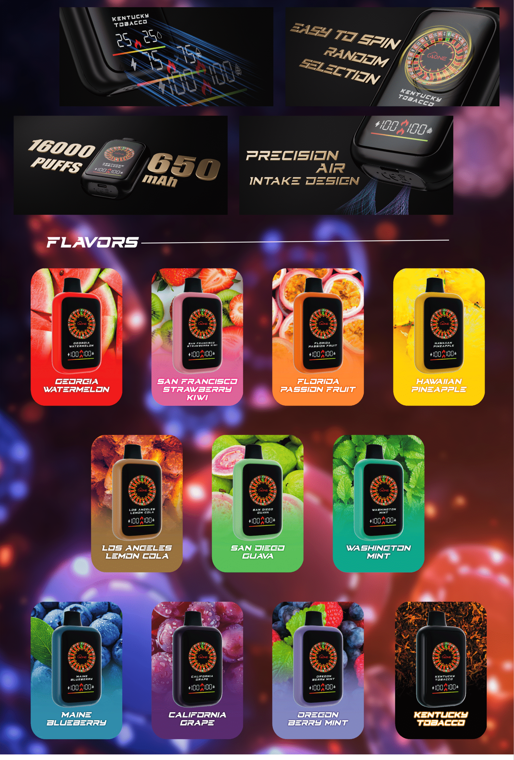 AONE VAPE CASINO 16000口 轉盤大容量一次性抛棄式 底部發光 雙模式調節